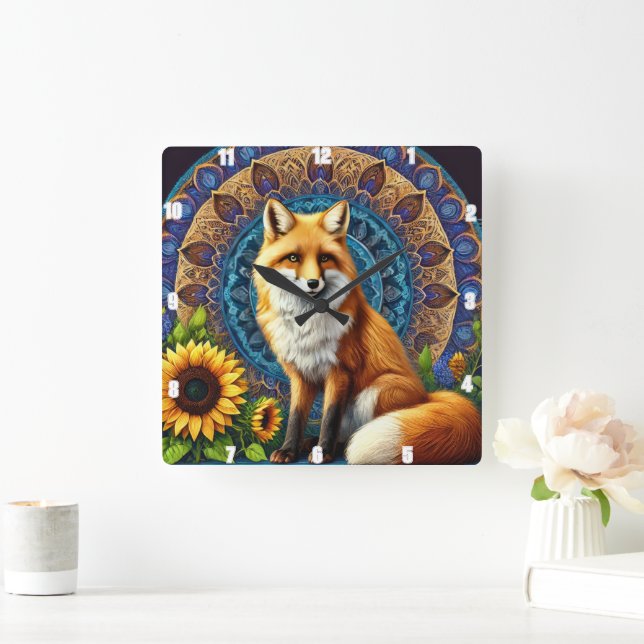 Fox with Mandala and Sunflower Vibrant Colours Square Wall Clock (Home)