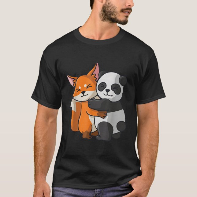 Fox With Panda Hugging Love Animals T-Shirt (Front)