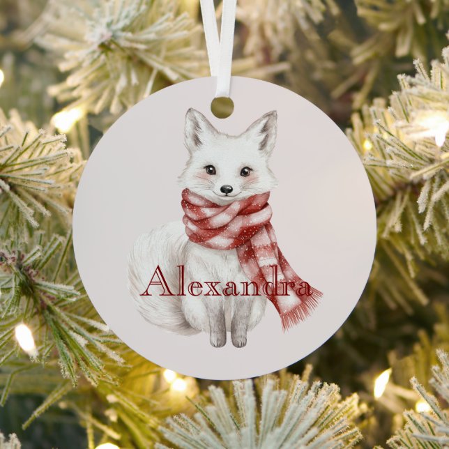 Fox with Peppermint Red White Scarf Metal Tree Decoration (Insitu)