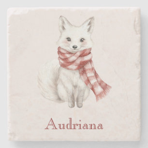 Fox with Peppermint Red White Scarf Stone Coaster