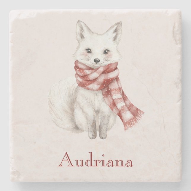 Fox with Peppermint Red White Scarf Stone Coaster (Front)