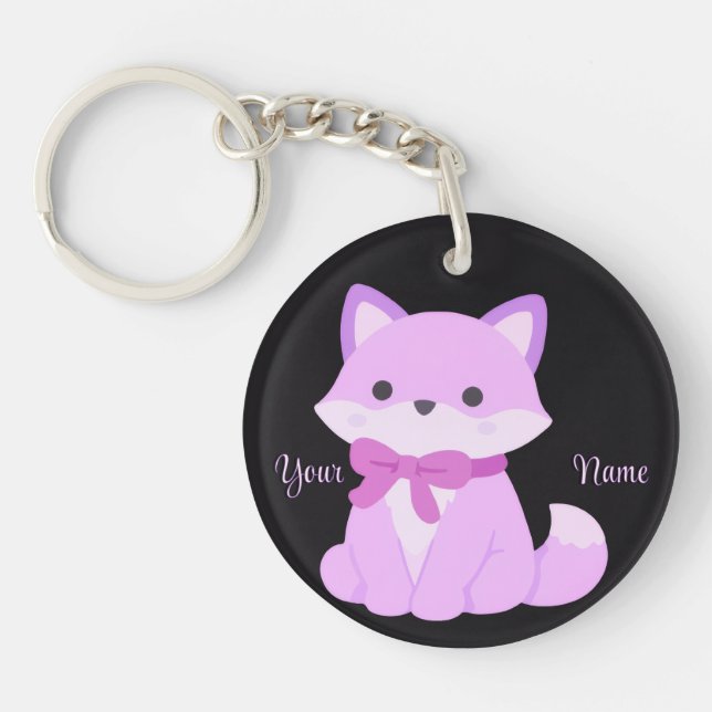 Fox with Purple Bow Cute Kawaii Custom Black  Key Ring (Front)