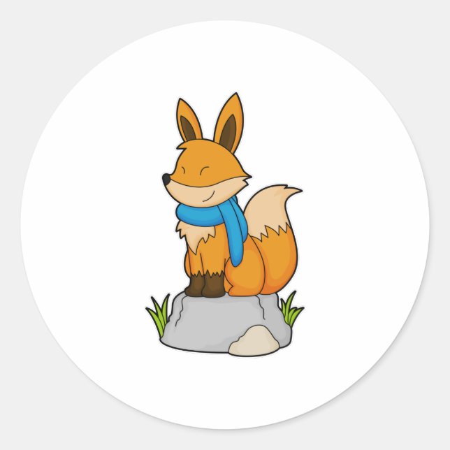 Fox with Scarf on Rock Classic Round Sticker (Front)