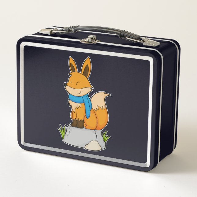 Fox with Scarf on Rock Metal Lunch Box (Front)