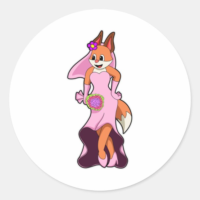 Fox with Wedding dress & Bunch of Flower Classic Round Sticker (Front)