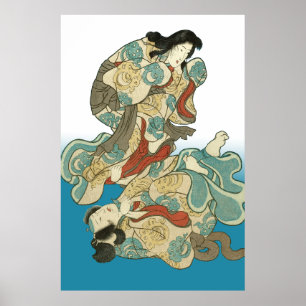 Fox-woman and fox-man Kuniyoshi - Asukai Masatsune Poster