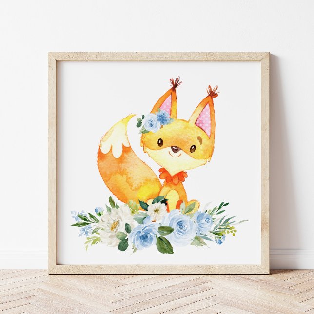 Fox, Woodland Animals, Boho, Blue Flowers Photo Print (Creator Uploaded)