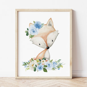 Fox, Woodland Animals, Boho, Blue Flowers Photo Print