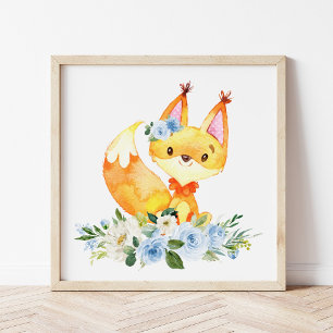 Fox, Woodland Animals, Boho, Blue Flowers Poster