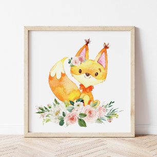 Fox, Woodland Animals, Boho, Pink Flowers Poster