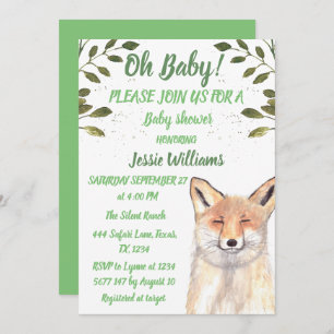  Fox Woodland animals Green Rustic Baby boy shower Invitation