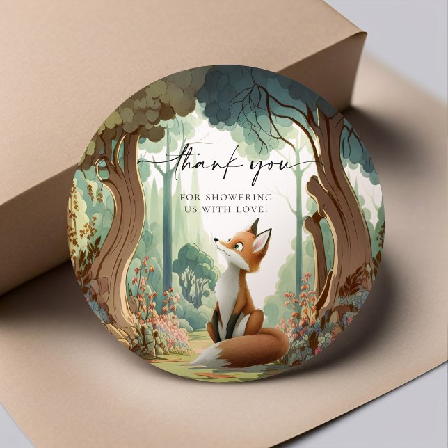 Fox Woodland Baby Shower Classic Round Sticker (Creator Uploaded)