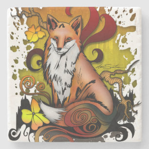 Fox Woodland Marble Stone Coaster in Autumn