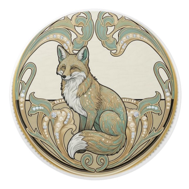 Fox Woodland Sage Green & Gold Art Deco Nouveau Ceramic Knob (Front)