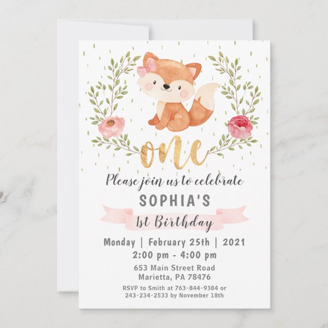 Fox Woodland Wild One Birthday Party Invitation (Front)