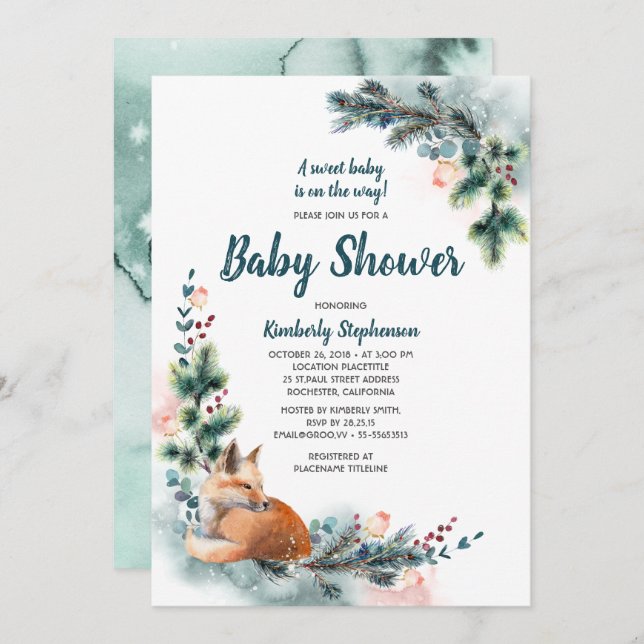 Fox Woodland Winter Wonderland Baby Shower Invitation (Front/Back)