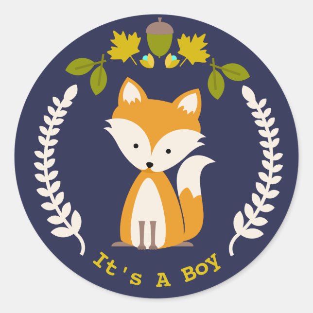 Fox Wreath Boy Baby Shower Classic Round Sticker (Front)
