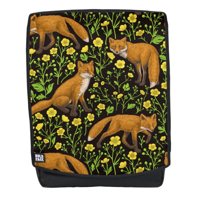 Foxes and buttercups on black backpack (Front)