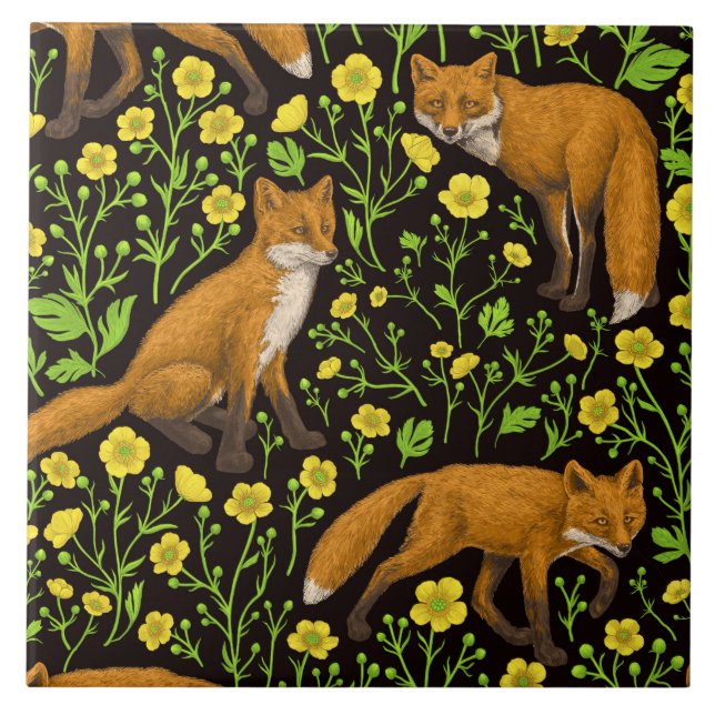 Foxes and buttercups on black ceramic tile (Front)