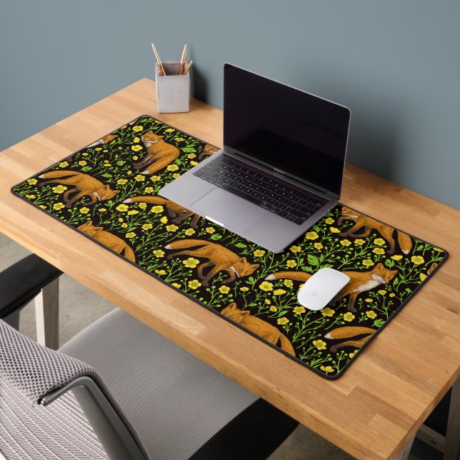 Foxes and buttercups on black desk mat (Office 2)