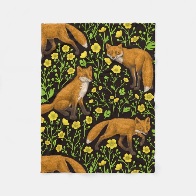 Foxes and buttercups on black fleece blanket (Front)