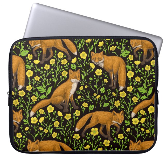 Foxes and buttercups on black laptop sleeve (Front)
