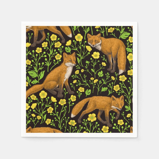Foxes and buttercups on black napkin (Front)