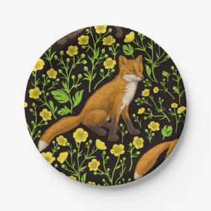 Foxes and buttercups on black paper plate