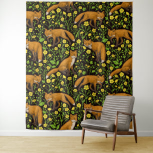 Foxes and buttercups on black tapestry