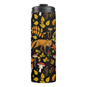 Foxes and buttercups on black thermal tumbler