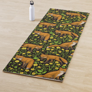 Foxes and buttercups on black yoga mat
