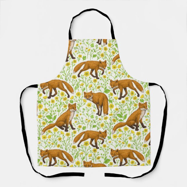 Foxes and buttercups on natural white apron (Front)