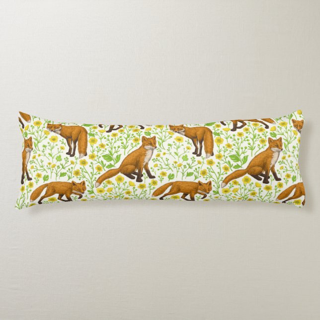 Foxes and buttercups on natural white body cushion (Front)