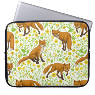 Foxes and buttercups on natural white laptop sleeve
