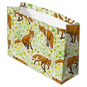 Foxes and buttercups on natural white large gift bag