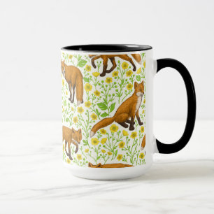 Foxes and buttercups on natural white mug