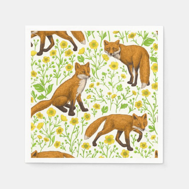 Foxes and buttercups on natural white napkin (Front)
