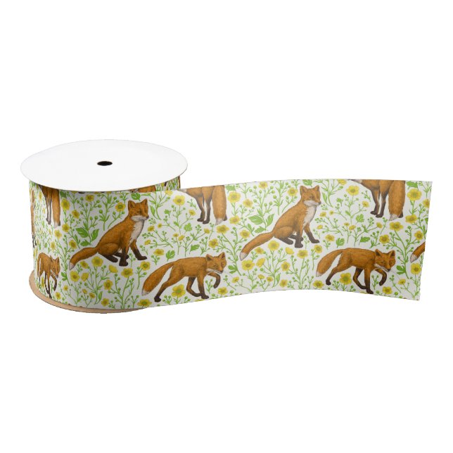 Foxes and buttercups on natural white satin ribbon (Spool)
