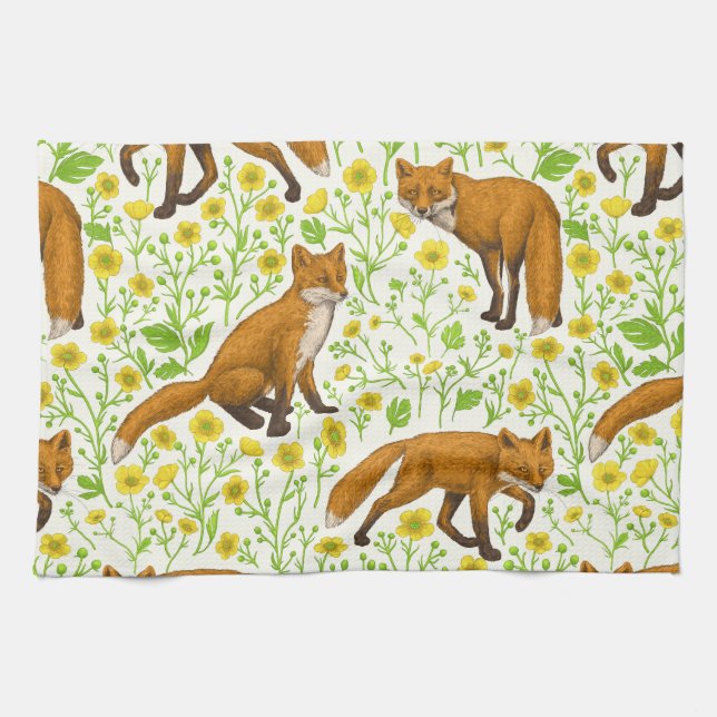 Foxes and buttercups on natural white tea towel (Horizontal)