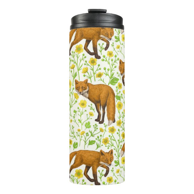 Foxes and buttercups on natural white thermal tumbler (Front)