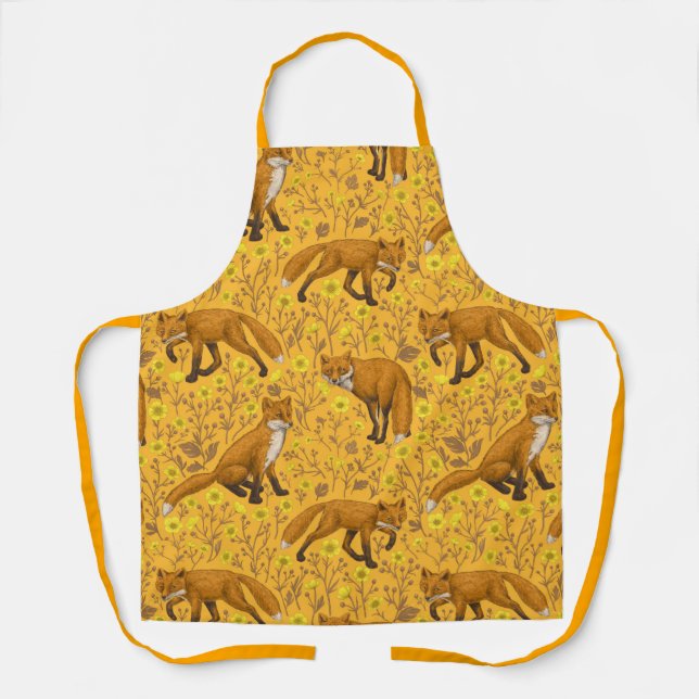 Foxes and buttercups on orange apron (Front)