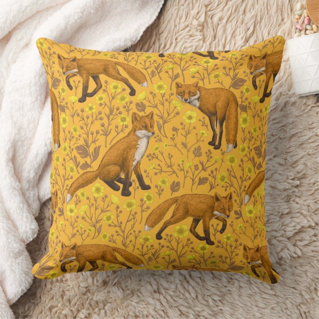 Foxes and buttercups on orange cushion (Blanket)