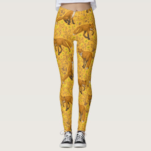 Foxes and buttercups on orange leggings