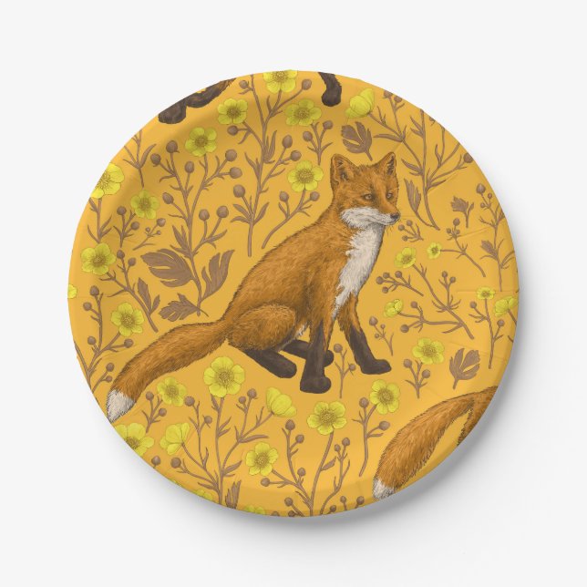 Foxes and buttercups on orange paper plate (Front)