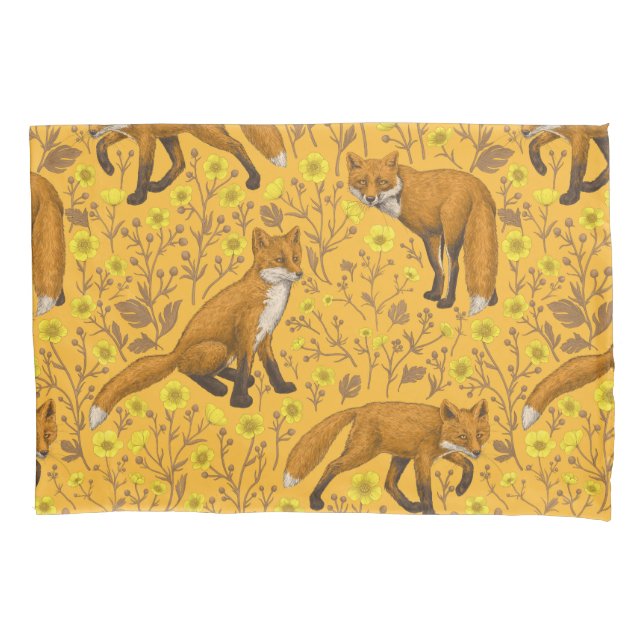 Foxes and buttercups on orange pillowcase (Front-Left)