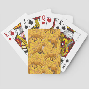 Foxes and buttercups on orange playing cards