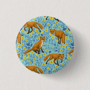 Foxes and buttercups on pool blue 3 cm round badge