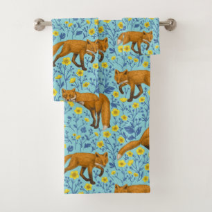 Foxes and buttercups on pool blue bath towel set