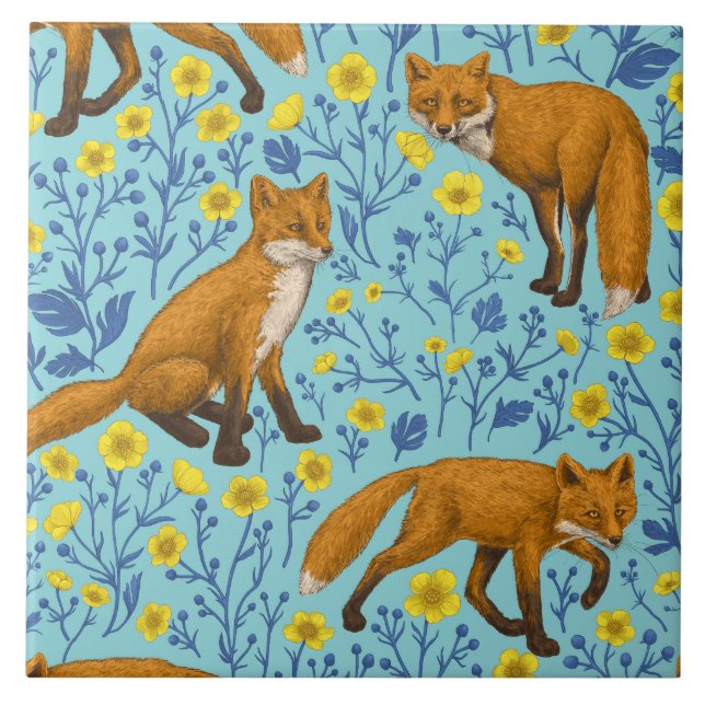 Foxes and buttercups on pool blue ceramic tile (Front)