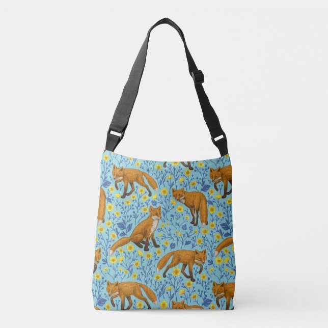 Foxes and buttercups on pool blue crossbody bag (Front)